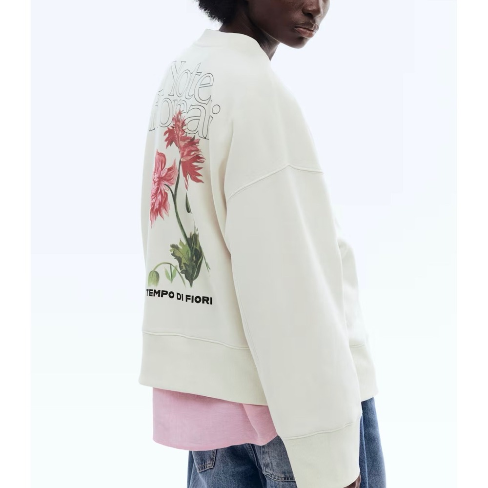 HM Note Floreali Tempo Di Fiori Floral Graphic Sweatshirt Cream XL NWT